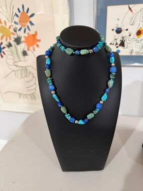 Turquoise Danim Lapis Sterling Silver Beaded Women's Necklace & Stretch Bracelet